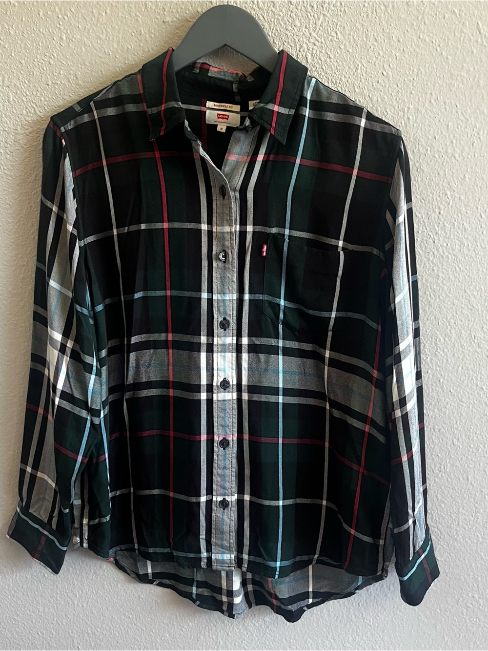 Levi's Green, Black, White, Red Plaid Shirt with Green & White, size M